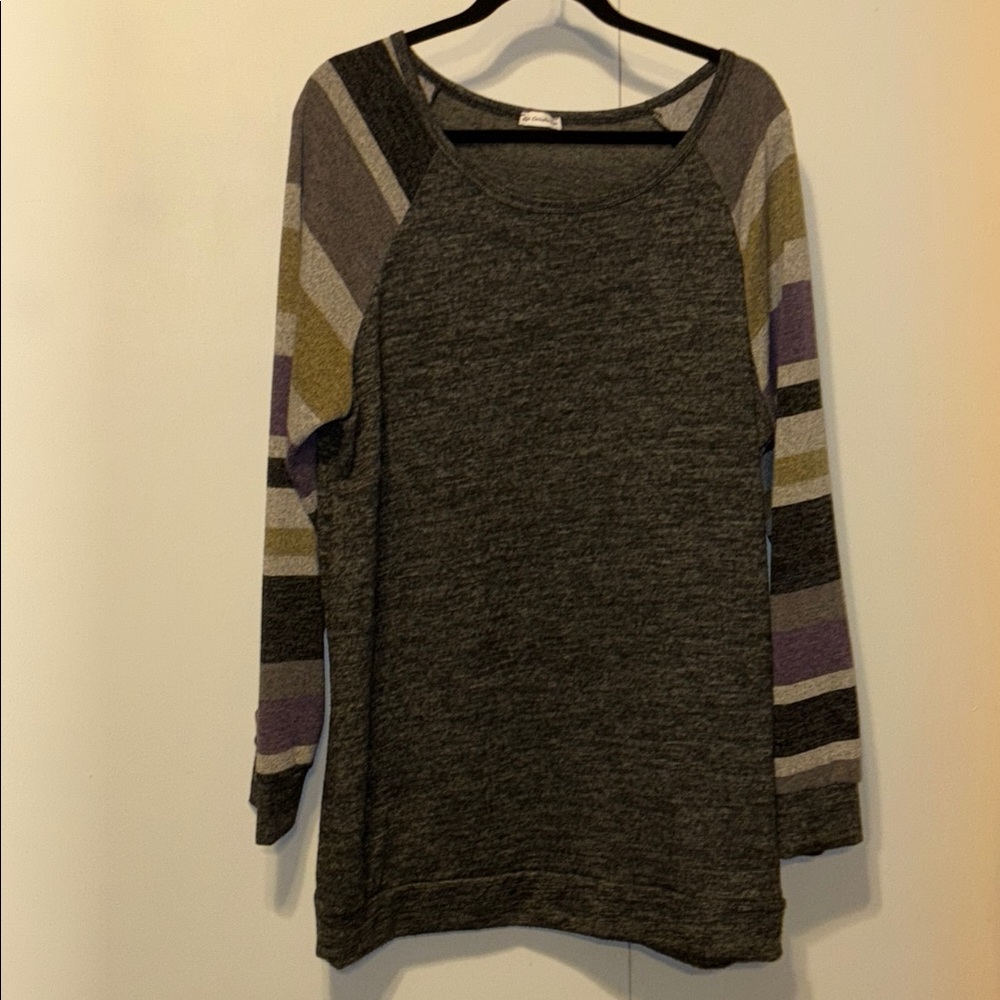 Gray and Purple Crew Neck Sweater with Striped Sleeves
